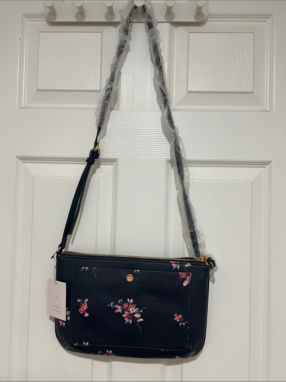 LC Lauren Conrad Navy Blue Crossbody Bag with Pink Floral Print